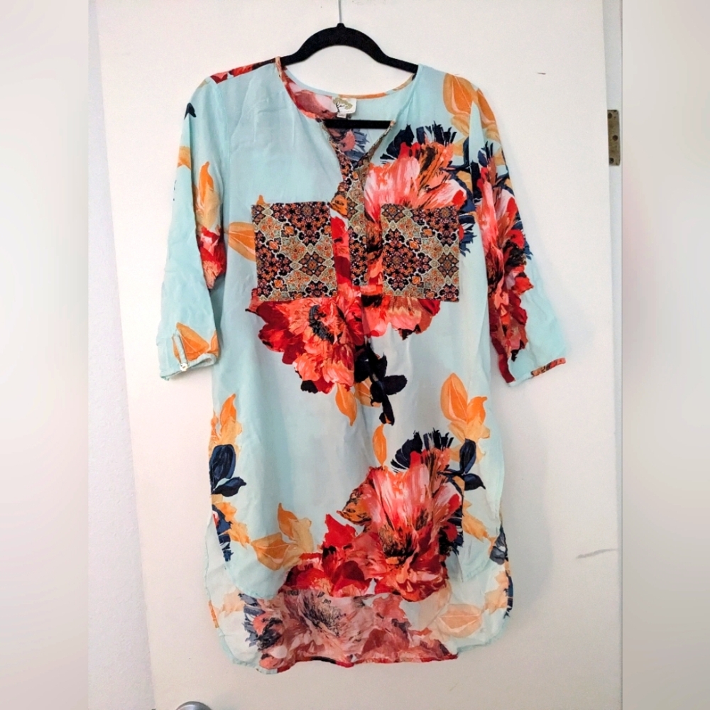 Teal Fig and Flower Hi Low Floral Blouse-L